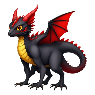a black exotic edgy vernid-fionbri-Fakémon-creature, with red belly and yellow eyes, full body sticker