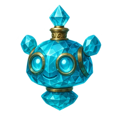 crystal luxurious elixir bottle shaped like a cute robot head, cyan color, lots of glowing, facets, ornaments, golden details, magical effects, very small golden neck, transparent background, beautiful merging base, clearly floating in air, no ground or shadow, very luxurious, friendly, playful, fits in a collection sticker
