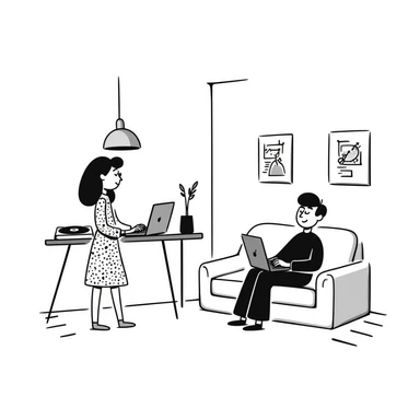 A mid-century modern living room with two people working on laptops — a woman standing working on the laptop and a man sitting on a couch with a laptop. The room has visible floor and two walls forming a corner, large window, modern pendant lamp, turntable, vinyl record stand, retro posters sticker