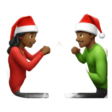 emoji Sports couple , a man and a woman in sportswear, sitting at the Christmas dinner table with a red Christmas hat sticker