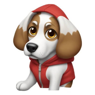 Dog wearing a hoodie with the colors black, white and red sticker