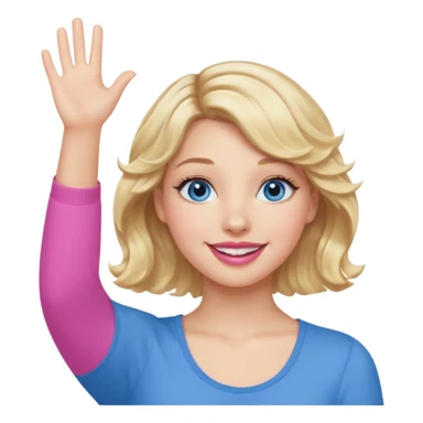 Girl Blonde short wavy hair,  blue eyes, cute blue top, long lashes, pink lips, smiling, hand in the air sticker
