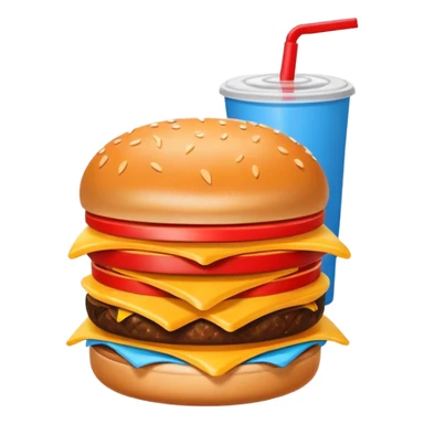 A clean and simple icon of fast food in emoji-style illustration. A burger with fries and a soda cup, bright and bold colors, simple shapes, flat design, high contrast, inviting and appetizing. sticker