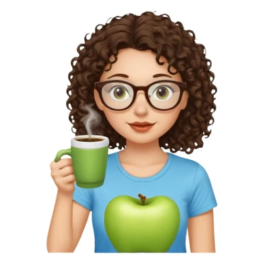 White girl with dark brown curly hair, brown eyes, sky blue glasses, nose ring, apple green t shirt, drinking coffee from a glass cup sticker