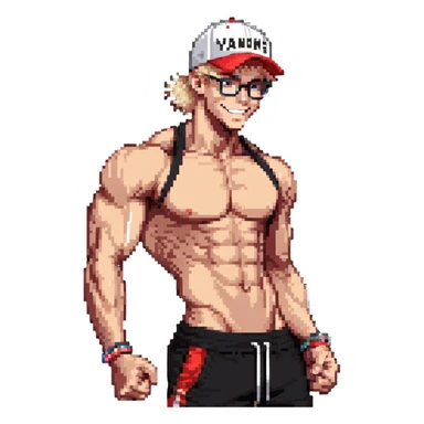 Skinny man with muscular definition, black and white cap with VANOMAS text, bare torso, red shorts, clear glasses, messy light blond hair, flexing muscles and smiling sticker