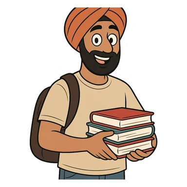 university sikh boy cartoon style wearing a turban casual student outfit holding books friendly expression sticker