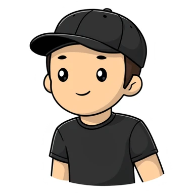 a white bro with brunette hair, wearing a black cap and a black shirt sticker