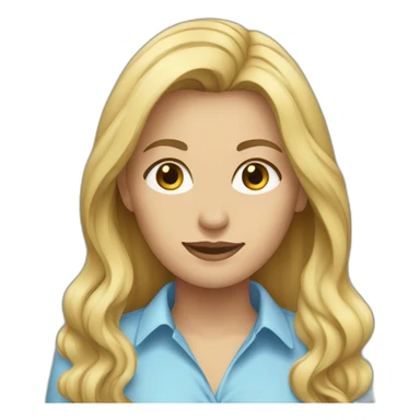 a blonde woman with long hair, dark eyes, and a light blue shirt sticker