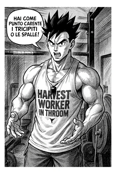 Personal trainer che dice al suo allievo, "hai come punto carente i tricipiti o le spalle!" Stile manga di Dragon Ball sticker
