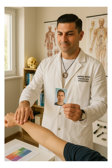 a middle-aged man, dressed in casual professional attire, is in a bright, organized therapy studio. Durante una visita di kinesiologia, il ragazzo tiene con una mano la foto di una persona lontana (il “testimone”) tiene la foto in mano, mentre con l’altra mano esegue un test muscolare su un cliente presente senza foto. Sullo sfondo si vedono libri di kinesiologia, poster anatomici e strumenti tipici della disciplina. L’atmosfera è concentrata e serena, con luce naturale che entra dalla finestra, sottolineando l’aspetto alternativo e umano della pratica. sticker