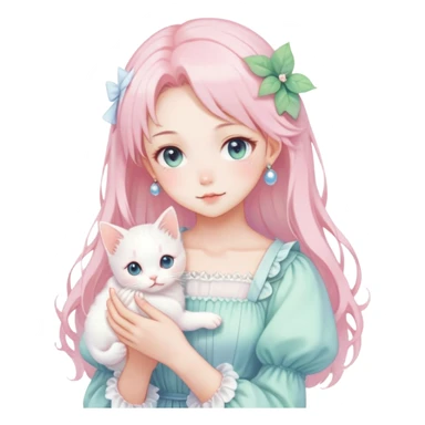  gorgeous-pastel-anime-style-lady-with-blushing-face-and-holding-a-white-kitten-cottagecore-fairycore-pastelcore-colorful-pearly-romantic-simplistic-aesthetic-trending-style sticker