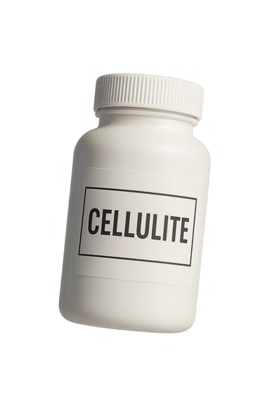 UNA BOCCETTA DI INTEGRATORE BIANCA CON LA SCRITTA "CELLULITE" SULL'ETICHETTA CHE FLUTTUA IN ARIA, IPERREALISTICA 4K sticker