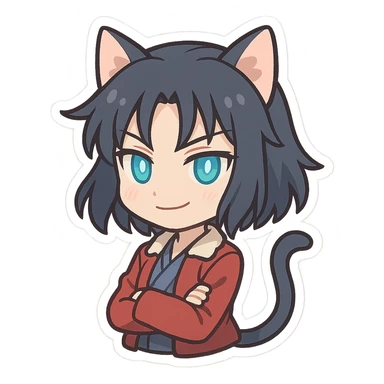 chibi Ryougi Shiki with cat ears and cat tail, magical eyes, smirking expression sticker