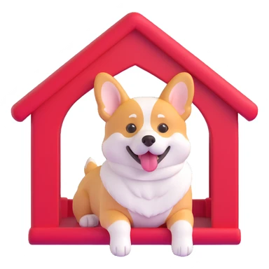 red dog house with a playful and cute Corgi dog inside, clear view of the Corgi, 3D emoji style sticker
