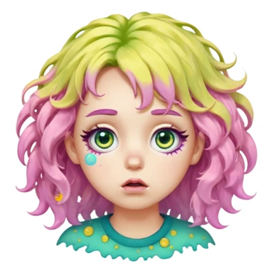 messy, wavy chartreuse hair, with pink specks, bushy eyelashes, and big round eyes, with irises that are teal on the outside and yellow on the inside while making a pouty face saying pay attention to me in bubble words sticker