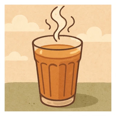 cartoon style illustration of a glass of karak tea, with steam rising, warm colors, inviting and cozy feel sticker