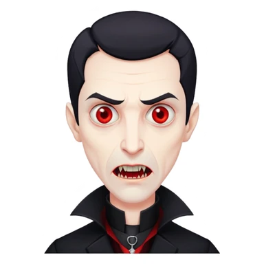 Nam 50 tuổi, mắt đỏ, da trắng, tóc ngắn màu đen, có răng nanh, mặt hơi đáng sợ như ma cà rồng, áo măng tô cổ cao màu đen sticker