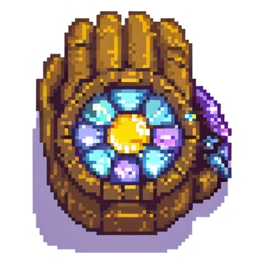 Thanos' gauntlet doing a finger snap, pixel art style, simplified form, clearly visible gems, transparent background sticker