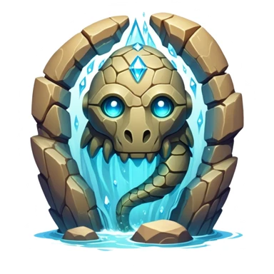 Design a unique elemental sandstone guardian golem creature that combines the crystalline rock golem's defensive fortitude with the spectral water serpent's fluid grace, perhaps creating a being with a segmented stone core that flows like water and channels ghostly aquatic energy through embedded gems. fluorescent bioluminescence between the cracks sticker