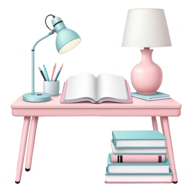 Pastel pink study desk with white lamp, open planner, and neatly stacked books sticker