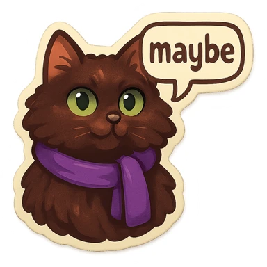 Fluffy dark-brown cat with green eyes and a purple scarf saying ‘maybe’ (with a speech bubble) sticker