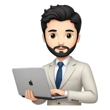 Professional 35-year-old man with black wavy hair, stubble, strong jawline, white skin tone, wearing smart casual business attire, holding a laptop, with a confident approachable expression sticker