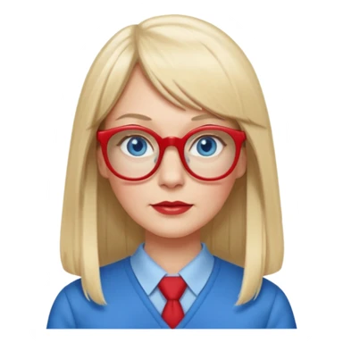 45 yr old white woman, pale skin, long straight blond hair parted in center, blue eyes, bangs, clothes for school, big red glasses sticker