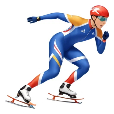 An icon showing a speed skater gliding on a professional oval ice track, captured in mid-motion with aerodynamic posture and sleek skates. The background features snowy mountains, flags, and a clear blue sky. Transparent background reflects the speed and elegance of the sport. sticker