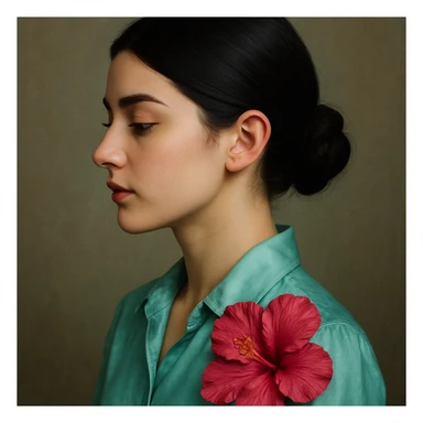 portrait of a black-haired girl with a neat low bun and side hair, face in profile, wearing a light sea blue silk shirt, adorned with a dark pink hibiscus flower sticker
