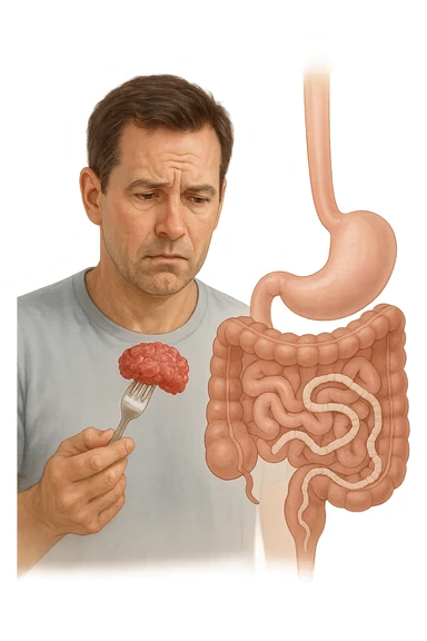 A realistic, high-quality medical illustration showing a concerned man in his early 40s holding a piece of raw beef tartare on a fork, looking at it with a worried expression. Behind him, a transparent overlay of his digestive system reveals the presence of Taenia saginata (beef tapeworm), depicted as a long, segmented white worm inside his intestines, symbolizing the infection. The environment is a kitchen with bright but neutral lighting, creating a serious educational tone. Subtle anatomical highlights and clean medical graphics convey the concept of parasite transmission through undercooked beef, emphasizing food safety and health awareness. sticker