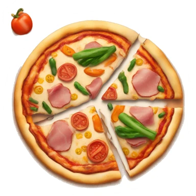Pizza with vegetables, ham, chicken and hot sauce sticker