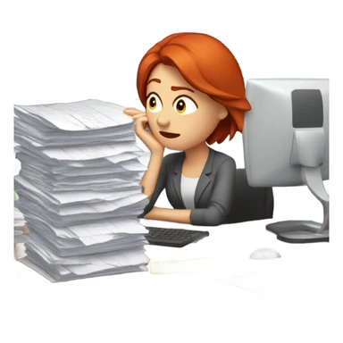 red hair woman frustrated desk monitor stack paper sticker