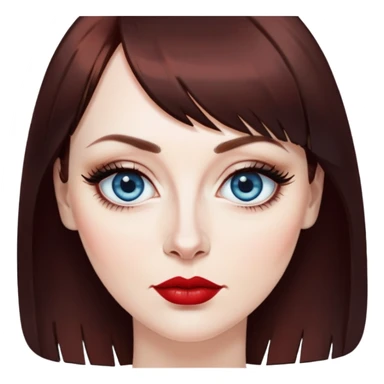 Artistic woman in her 40s with pale skin, oval face, large blue eyes with eyeliner, thin eyebrows, small nose, red lipstick, dark auburn hair with bangs, wearing a black top, mature creative expression sticker