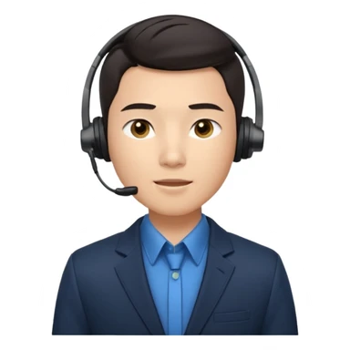 A young Asian man with smooth light skin, dark hair that swoops upward in the front, expressive eyes, a clean-shaven face, and a call-center style headset over one ear, usually paired with a crisp shirt and suit jacket visible from the chest up. sticker