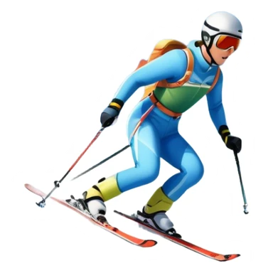 An icon featuring snowy peaks, pine trees, and a picturesque mountain landscape with a skier racing down a snow-covered slope, The sky is blue with soft clouds, capturing the thrill and beauty of alpine skiing. Transparent background highlights the excitement and serenity of winter sports. sticker