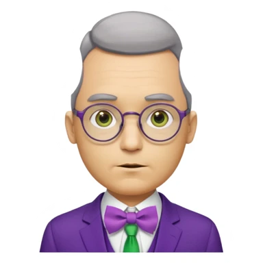yellow-skinned man with neatly parted brown-gray hair, thick rectangular eyebrows, large round eyes behind thin glasses, a pointed nose, and a green suit with a white collar and purple bow tie. sticker
