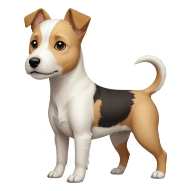 a full body facing front on of a buff white parson russell terrier looking dog the size of a kelpie with light brown long ears resting on its face and a light brown patch on one eye and a large snout. the rest of the dog is completely white.  sticker