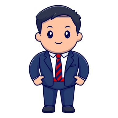 man wearing a dark blue-gray business suit with black horizontal stripes on the arms and legs, white shirt and red tie sticker