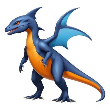 Shiny Black Koraidon-Latios-Salandit-Fakémon-hybrid-creature (full body) with orange belly sticker