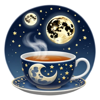 A cup of tea with a moon in it and on the cup sticker