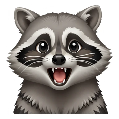 Cinematic-Noble- Yawning Raccoon-Portrait-Emoji – Poised and confident, wide-open yawn, revealing a soft grey with a sturdy build and a beautifully textured fur of silver-grey accented by dark black facial markings, deep-set, big black eyes, simplified yet sharp and sophisticated zoom out to show shoulders sticker