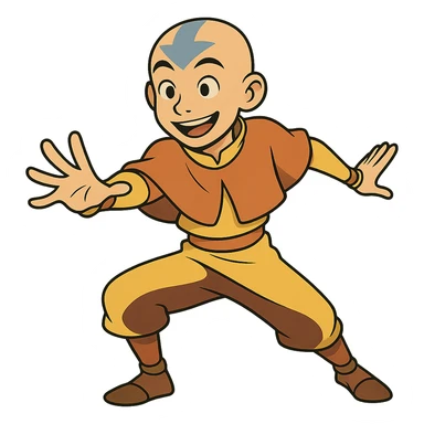 Avatar Aang, bald with blue arrow tattoo, wearing orange monk robes, airbender, friendly expression, dynamic pose sticker