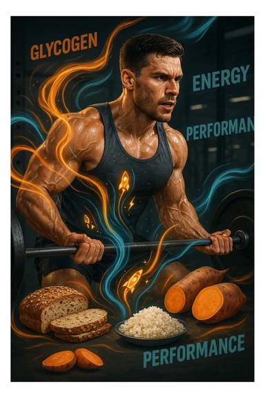 Uomo atletico di circa 30 anni durante un allenamento intenso in palestra, con muscoli ben definiti e sudati. Intorno a lui si visualizzano flussi energetici colorati che partono da fonti di carboidrati (pane integrale, riso, patate dolci) e si dirigono verso i suoi muscoli. I muscoli appaiono attivi, tesi e in pieno sforzo, con piccoli simboli di 'carburante' o energia che entrano nei tessuti. Espressione concentrata e potente. Sullo sfondo, parole come 'glicogeno', 'energia', 'prestazione'. Atmosfera dinamica, intensa e positiva. sticker