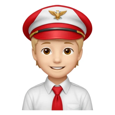A Soviet pioneer emoji — smiling young boy wearing a bright red tie (pioneer neckerchief) and a red pilotka cap. White shirt, neat and cheerful, minimal flat emoji style, simple colors, clear outlines, professional emoji design. sticker