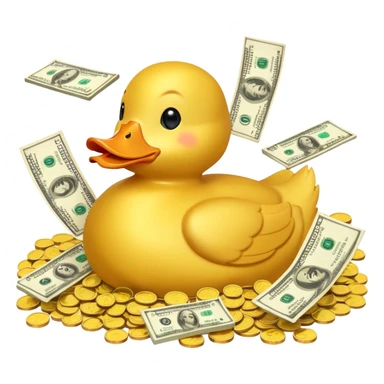 Yellow duck swimming in a pile of gold coins and dollar bills sticker