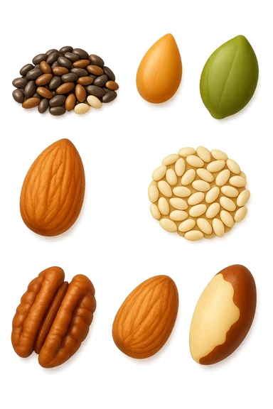 emoji stile iphone 3d di questi elementi che fluttuano in aria:

Semi di chia, lino, zucca, sesamo
Mandorle, noci pecan, noci brasiliane (porzioni limitate)

 che fluttuano sparse casualmente in aria, iperealistico 4k sticker