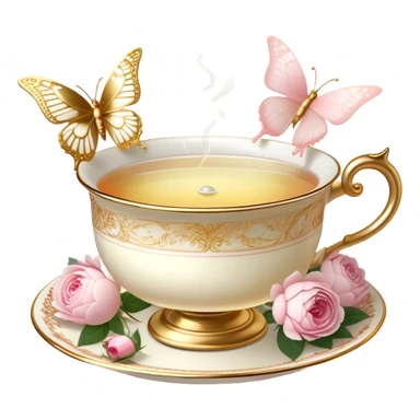 A charming, softly lit evening tea scene, where an ornate golden tea strainer rests atop a delicate ivory teacup filled with rose-infused tea, fresh blush roses and white peonies scattered around, while a pearl butterfly hovers above the steam.
 sticker