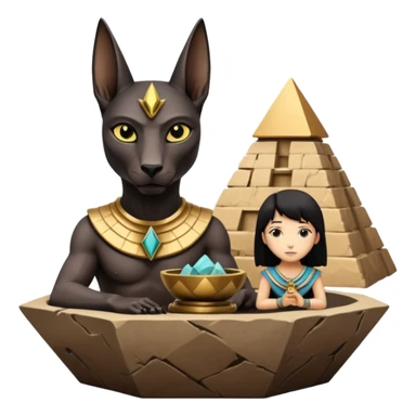 Kindly alien Protecting silky black-haired tiny statuette scale Anubis and pyramid scenery stone-age cracked irregular dodecagon bonsai pot  sticker