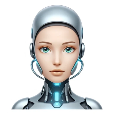 Futuristic human with metallic cybernetic enhancements, digital interface on face, holographic display sticker