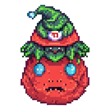 Add a red hat that says 'MAGA' in white letters to the slime monster, keep pixel art style, with no background. sticker